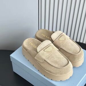 Prada Beige Suede Platform Mules